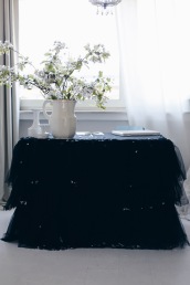 black table tutu DIY with white cherry blossoms