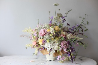 pastel summer flower arrangement with white hydrangea, roses, Queen Anne's lace, foxgloves, heuchera // stylist Anastasia Benko