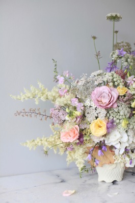 pastel summer flower arrangement with white hydrangea, roses, Queen Anne's lace, foxgloves, heuchera // stylist Anastasia Benko