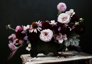 moody fall flower arrangement with roses, dahlias, purple heuchera